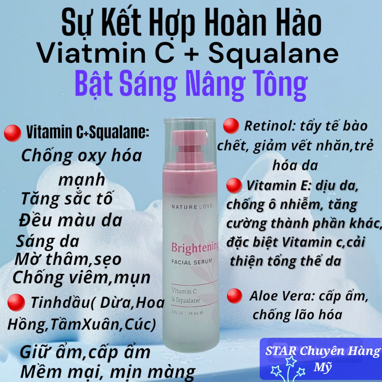 SERUM DƯỠNG ẨM CHỐNG OXY HÓA VÀ LÀM SÁNG DA NATURE LOVE BRIGHTENING FACIAL SERUM VITAMIN C & SQUALANE ( CHAI 59ML )