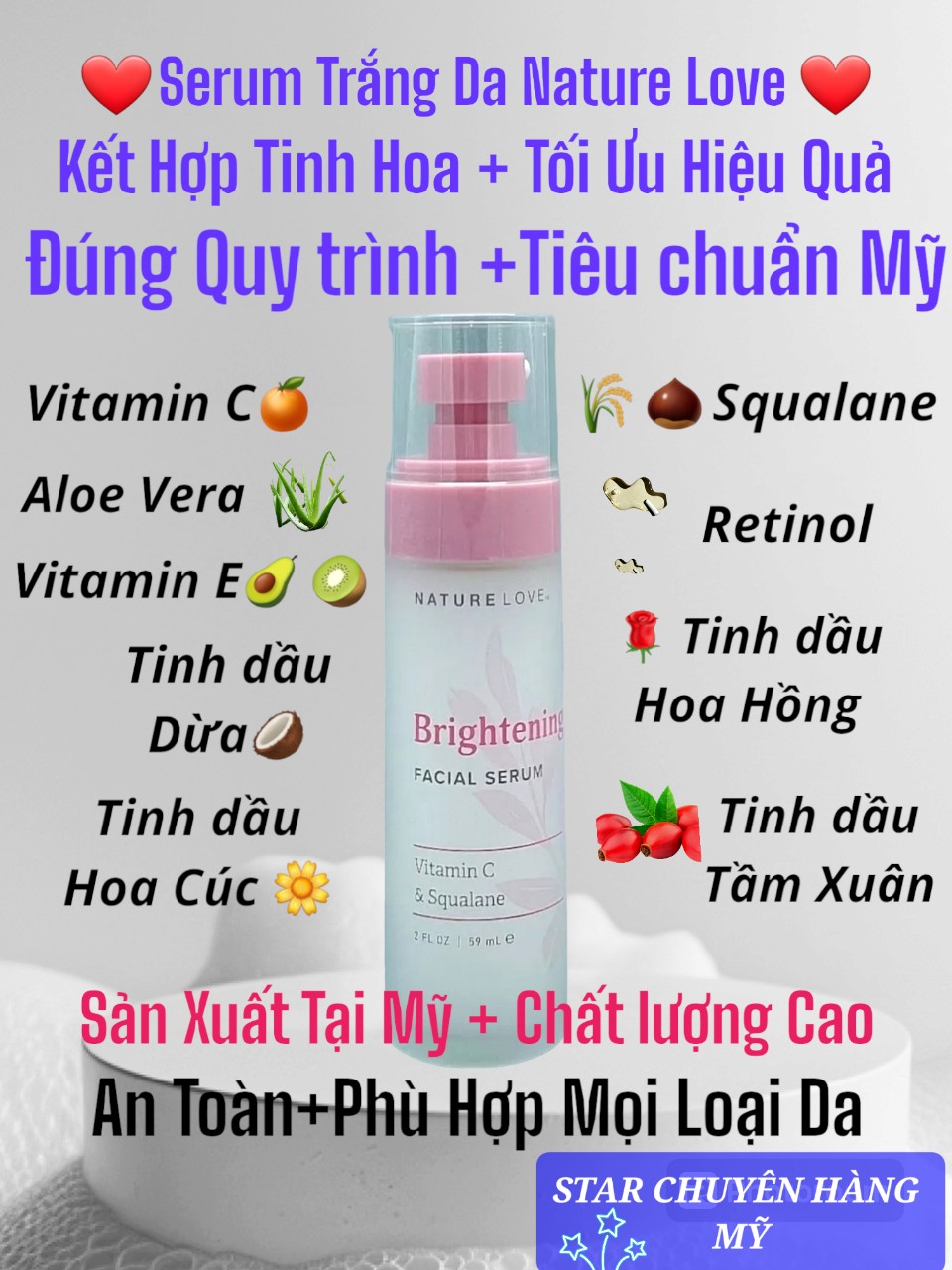 SERUM DƯỠNG ẨM CHỐNG OXY HÓA VÀ LÀM SÁNG DA NATURE LOVE BRIGHTENING FACIAL SERUM VITAMIN C & SQUALANE ( CHAI 59ML )
