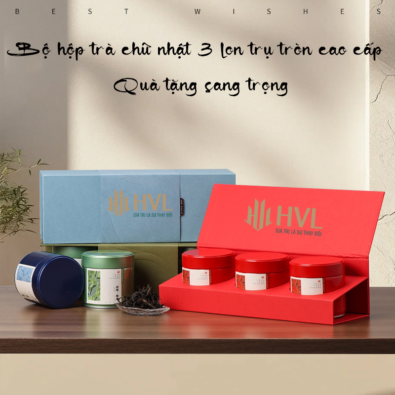 Bộ hộp trà chữ nhật 3 lon trụ tròn - HVL TEA