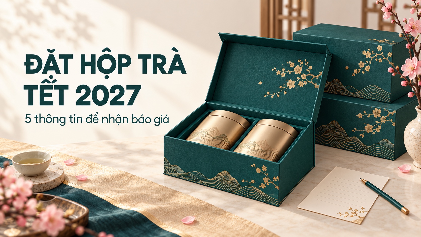 Minh họa đặt hộp trà Tết 2027 và 5 thông tin để nhận báo giá