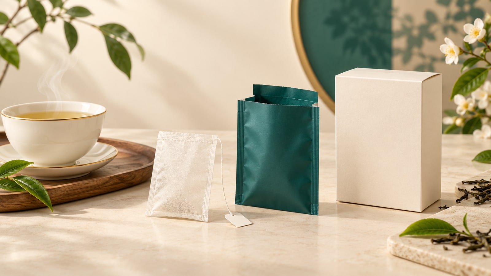 Minh họa AI túi lọc nhỏ, túi bao bì ngoài màu xanh và hộp giấy được đặt tách biệt