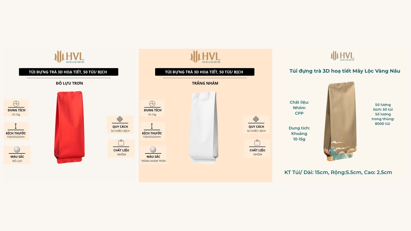 Túi trà 3D đỏ lựu trơn, trắng nhám và Mây Lộc vàng nâu của HVL đặt cạnh nhau