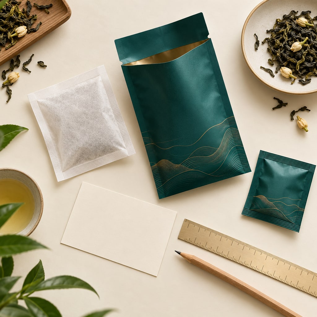 Minh họa AI kiểm tra mẫu túi lọc và túi bao bì ngoài cùng thước, bút và thẻ ghi chú