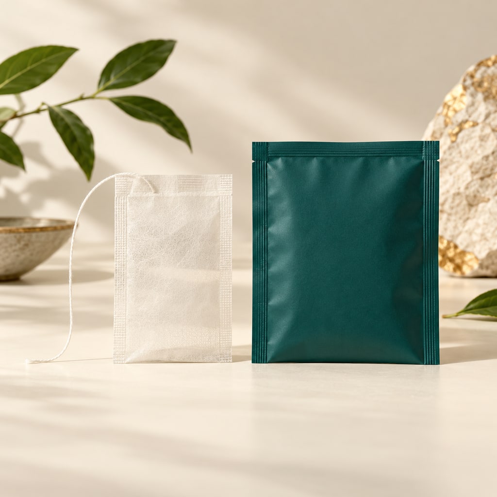 Minh họa AI so sánh túi lọc có dây với túi bao bì ngoài màu xanh đục