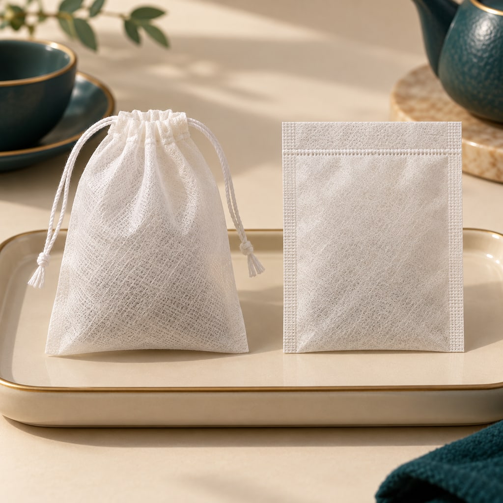 Minh họa AI phần miệng túi thu bằng dây rút và đường đóng thẳng trên túi lọc