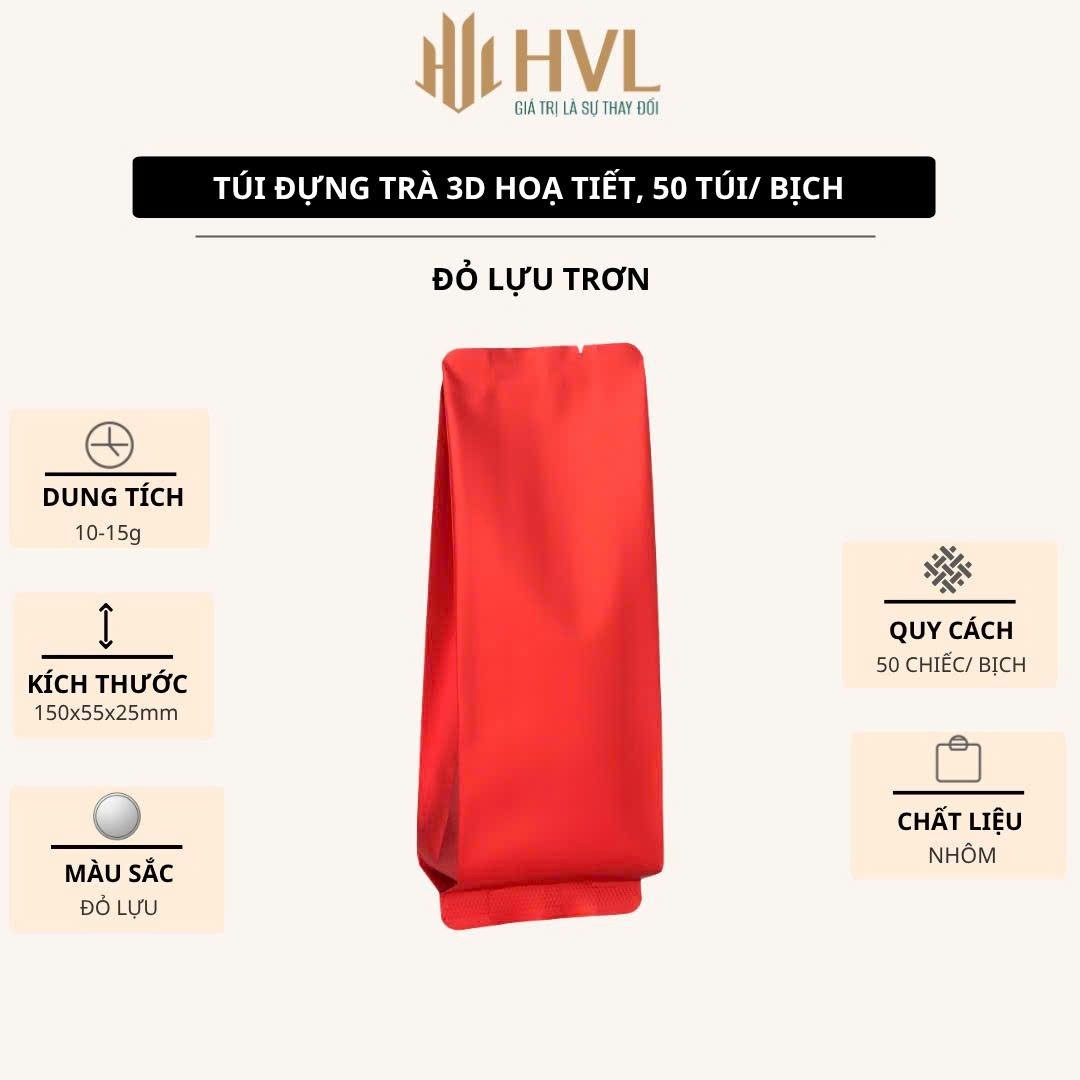 Túi đựng trà 3D đỏ lựu trơn của HVL với miệng túi và nếp gấp bên