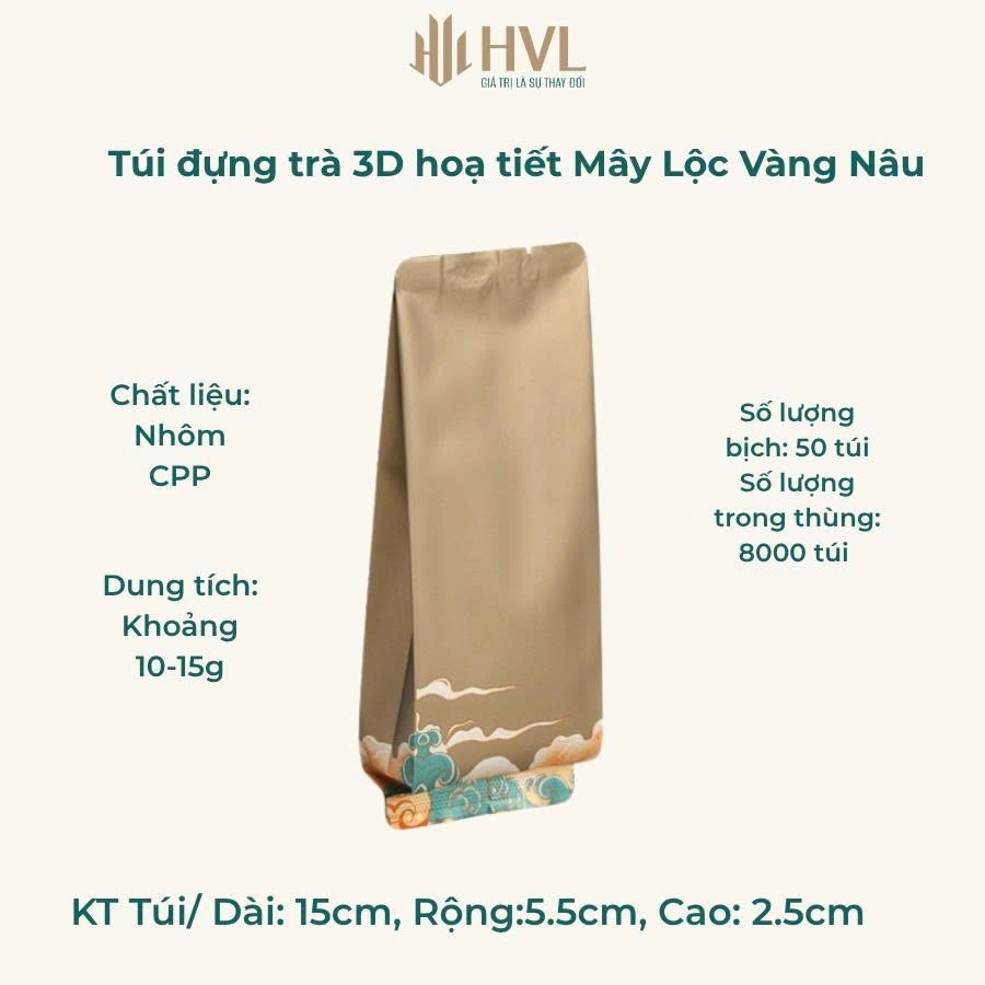 Túi đựng trà 3D Mây Lộc vàng nâu của HVL với họa tiết ở chân túi