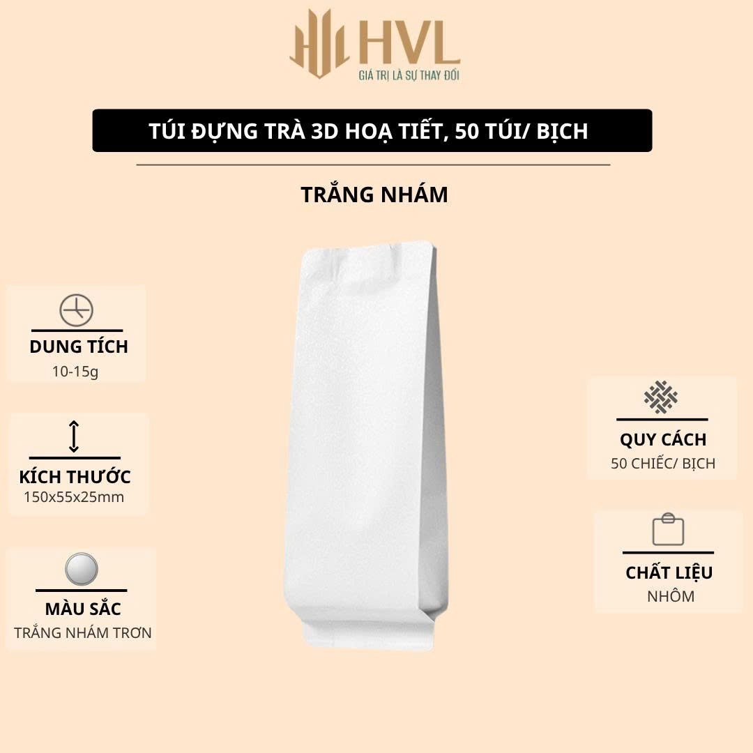 Túi đựng trà 3D trắng nhám của HVL trên bảng giới thiệu sản phẩm