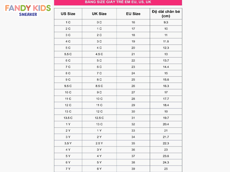 Bảng size giày trẻ em theo tuổi EU, US, UK