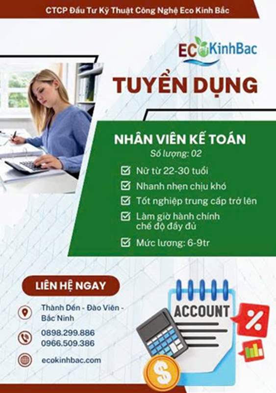 📢 TUYỂN DỤNG GẤP: KẾ TOÁN VIÊN - CÔNG TY CỔ PHẦN KỸ THUẬT CÔNG NGHỆ ECO KINH BẮC 📢
