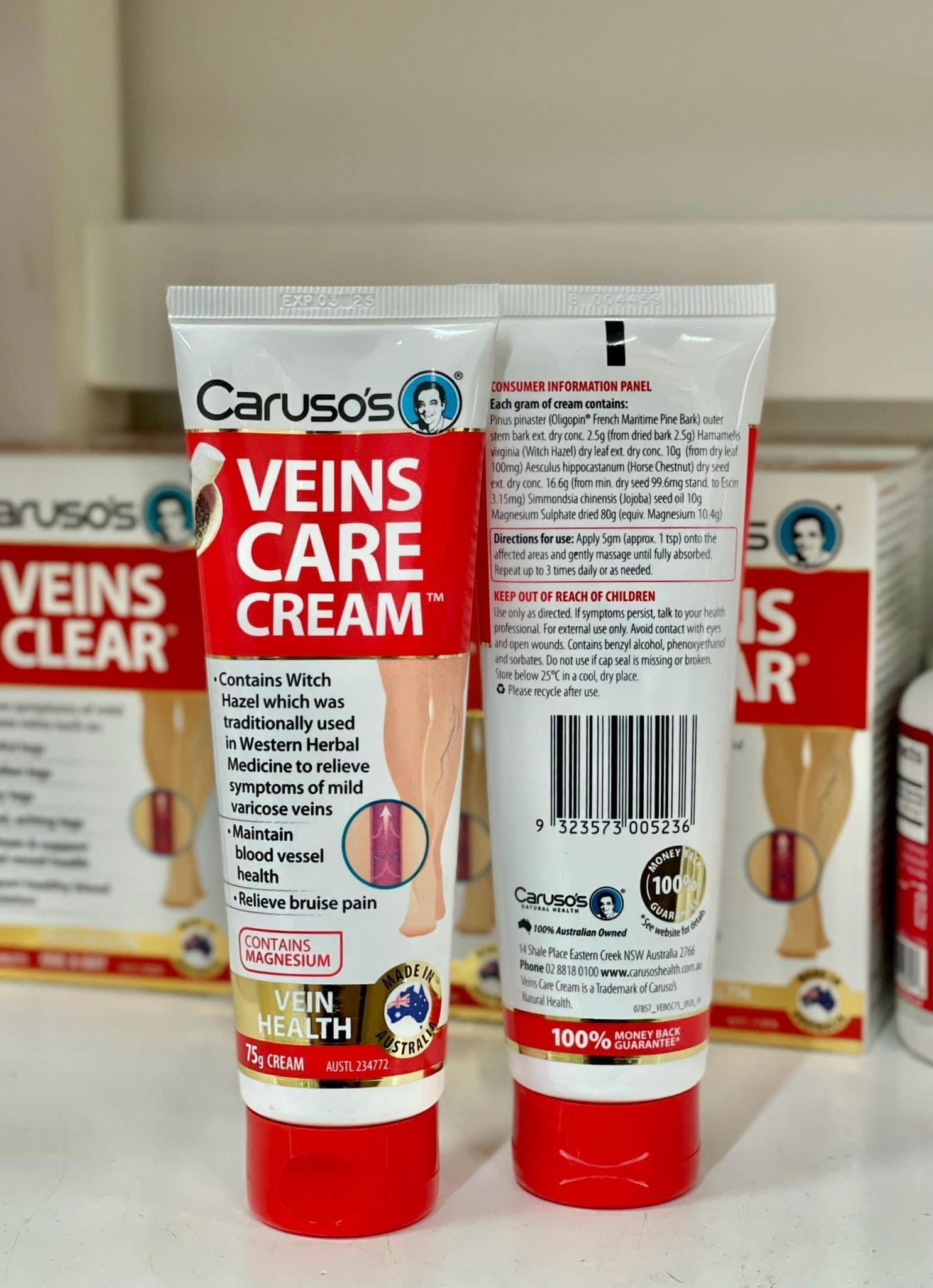 VIÊN UỐNG - KEM GIẢM ĐAU  HỖ TRỢ SUY GIÃN TĨNH MẠCH CARUSOS VEINS CLEAR CỦA ÚC