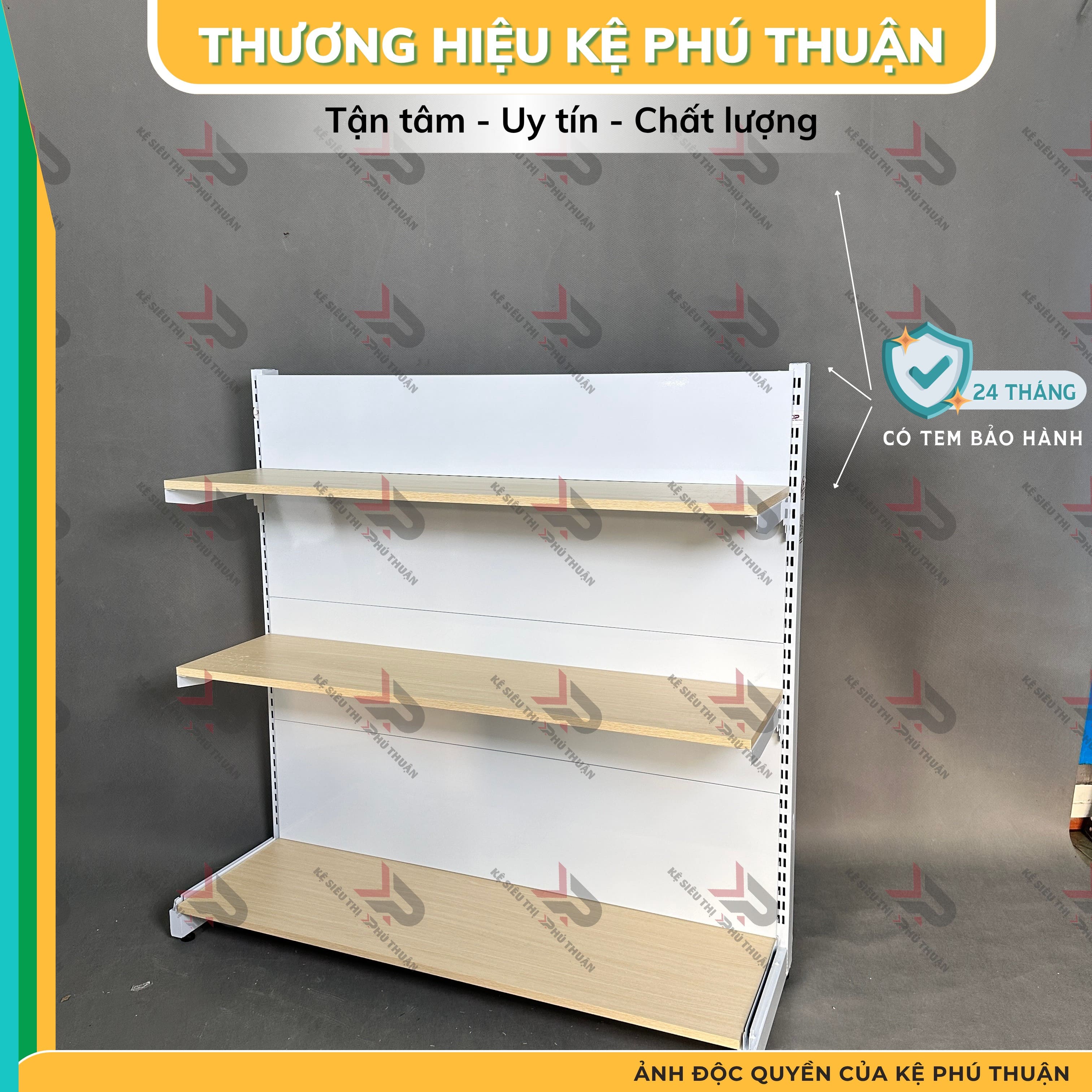 Kệ Siêu Thị Mâm Gỗ Lưng Kín (1 Mặt )  - Dài 120 x Rộng 35 x Cao 120 x 3 tầng