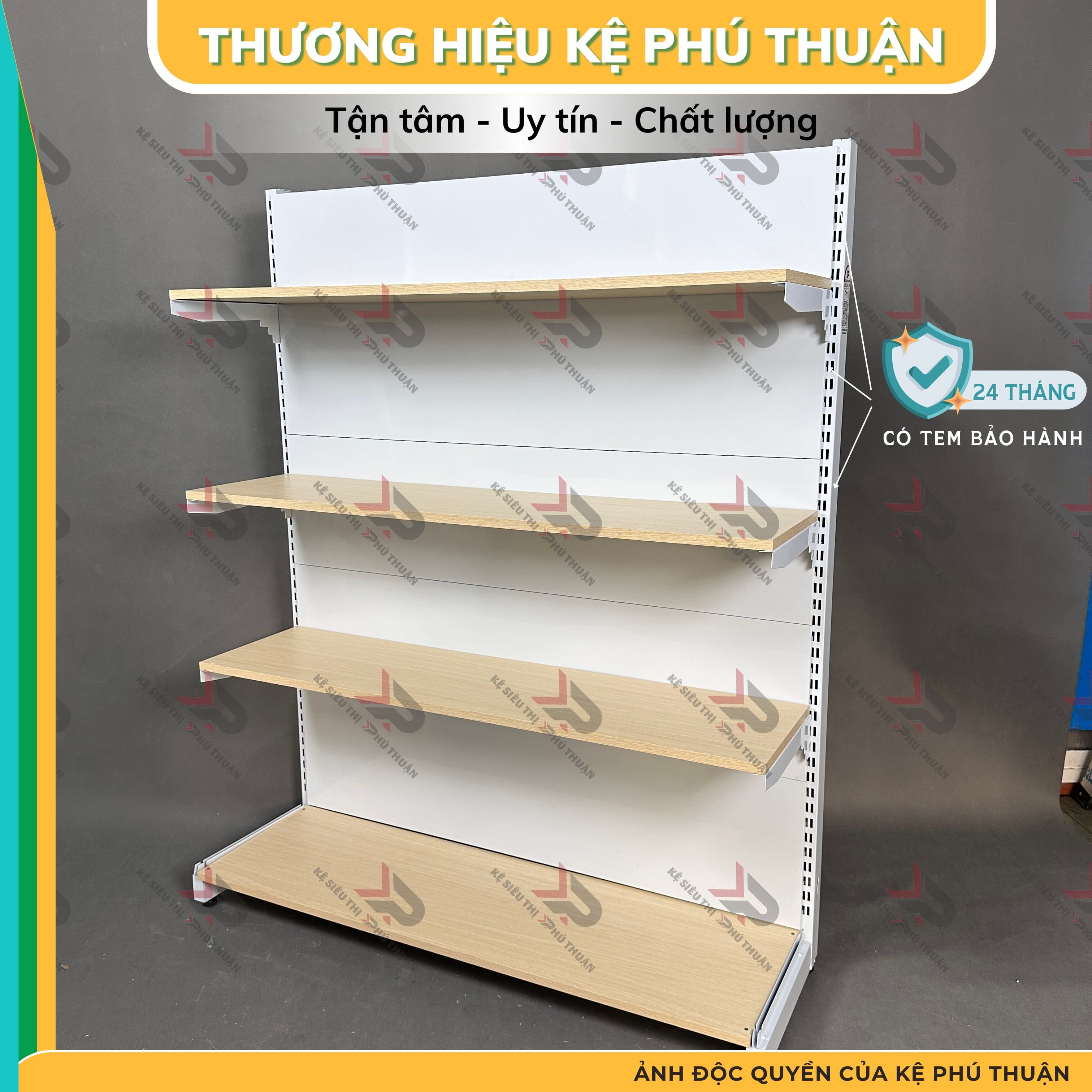 Kệ Siêu Thị Mâm Gỗ Lưng Kín (1 Mặt )  - Dài 120 x Rộng 35 x Cao 150 x 4 tầng