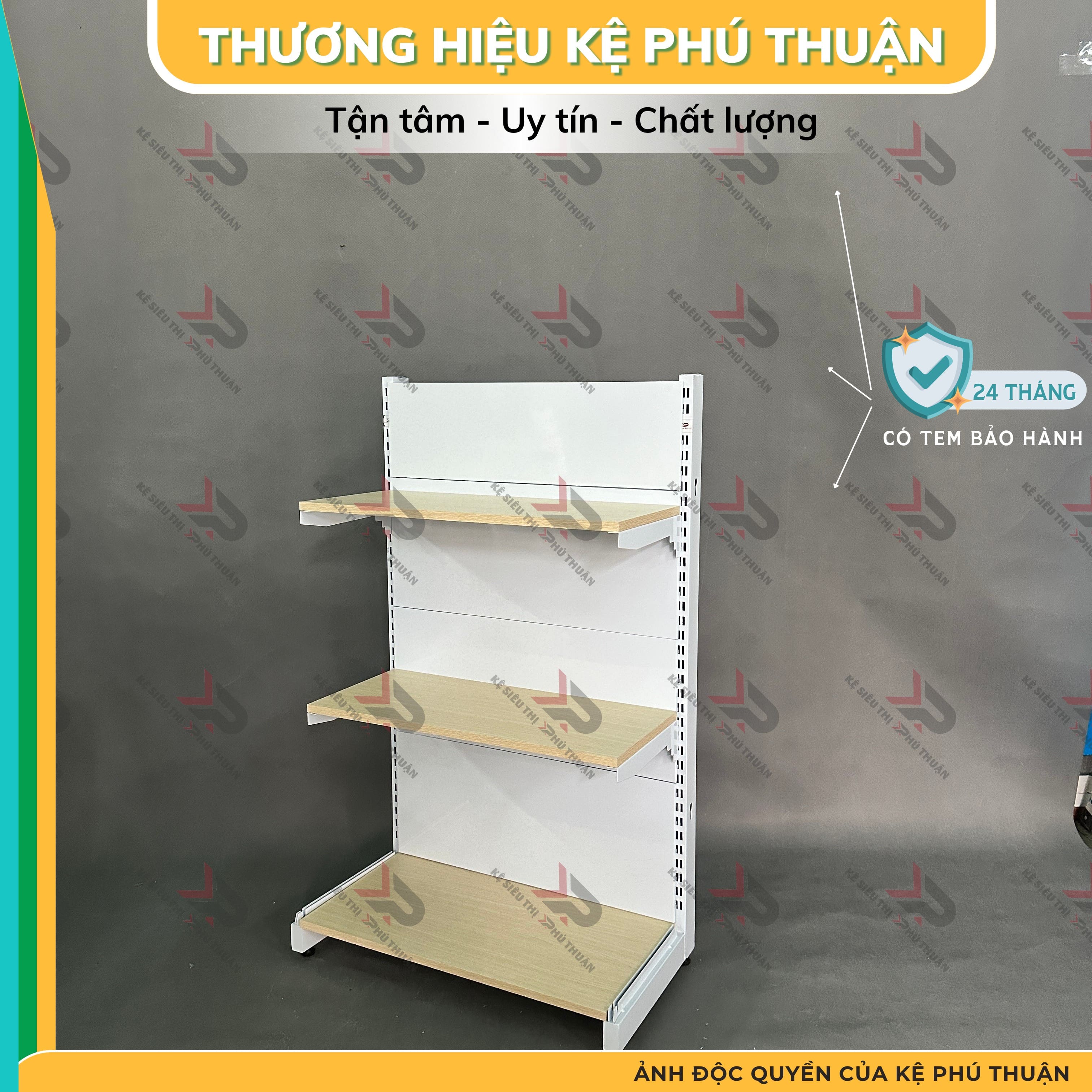 Kệ Siêu Thị Mâm Gỗ Lưng Kín (1 Mặt )  - Dài 70 x Rộng 35 x Cao 120 x 3 tầng