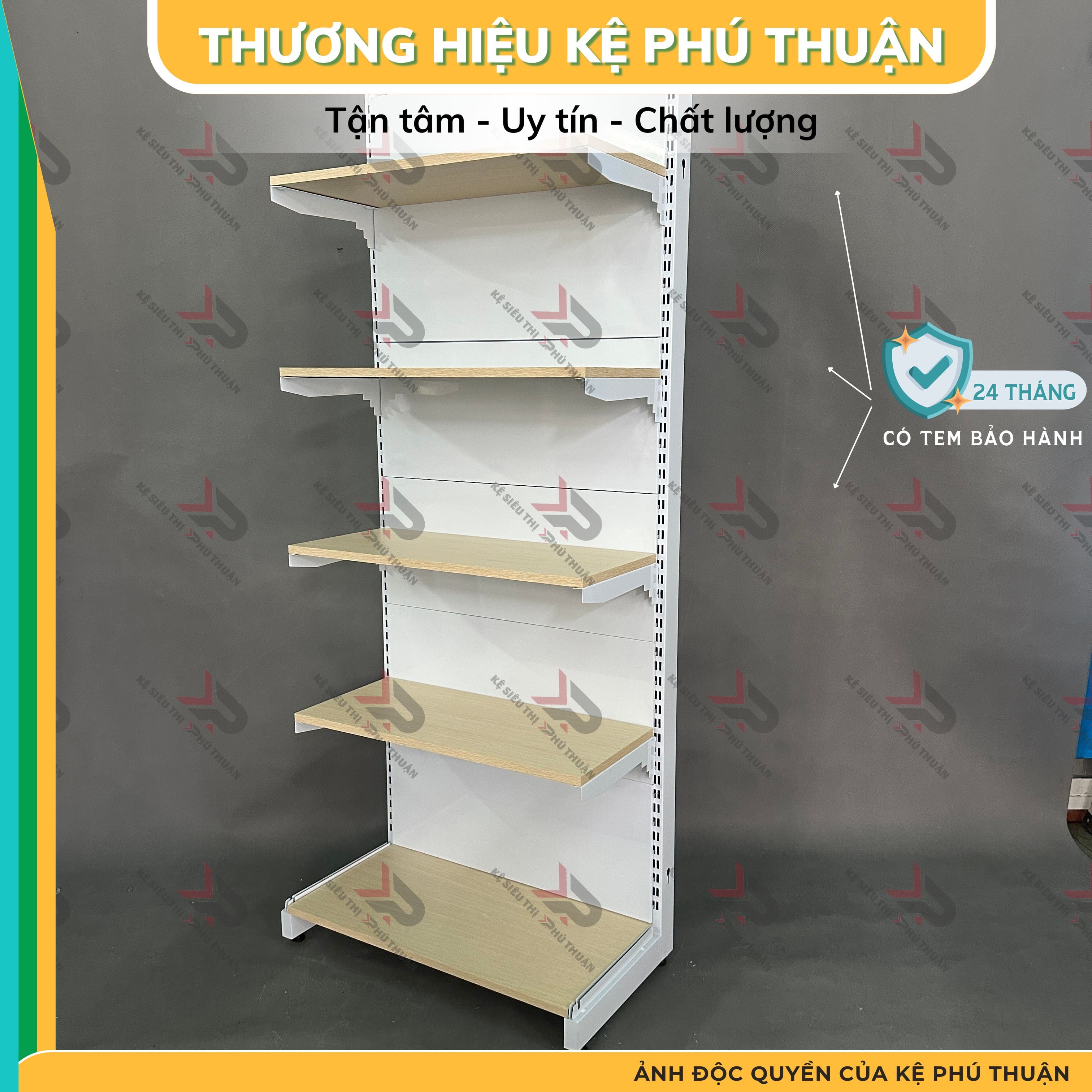 Kệ Siêu Thị Mâm Gỗ Lưng Kín (1 Mặt )  - Dài 70 x Rộng 35 x Cao 180 x 5 tầng