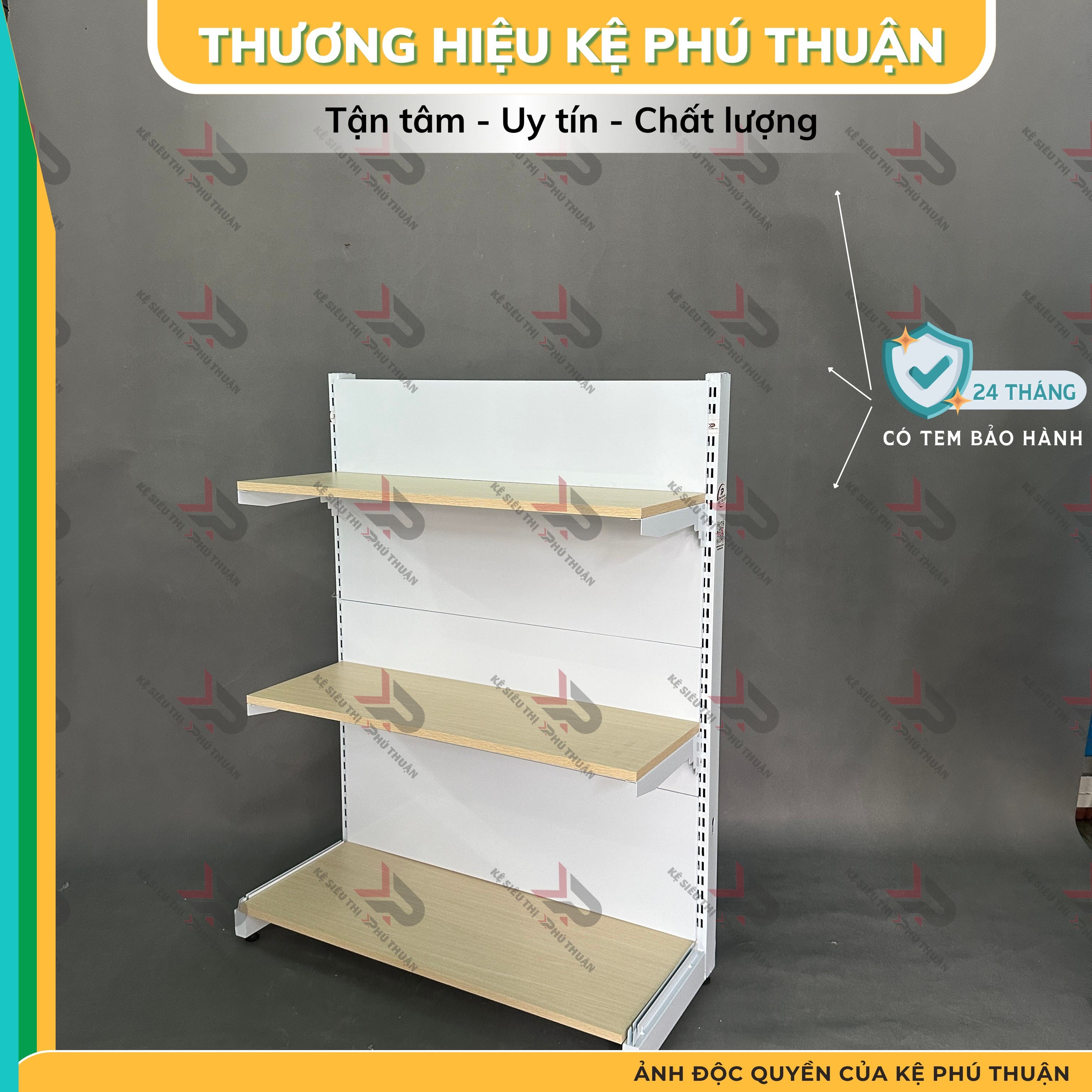 Kệ Siêu Thị Mâm Gỗ Lưng Kín (1 Mặt )  - Dài 90 x Rộng 35 x Cao 120 x 3 tầng