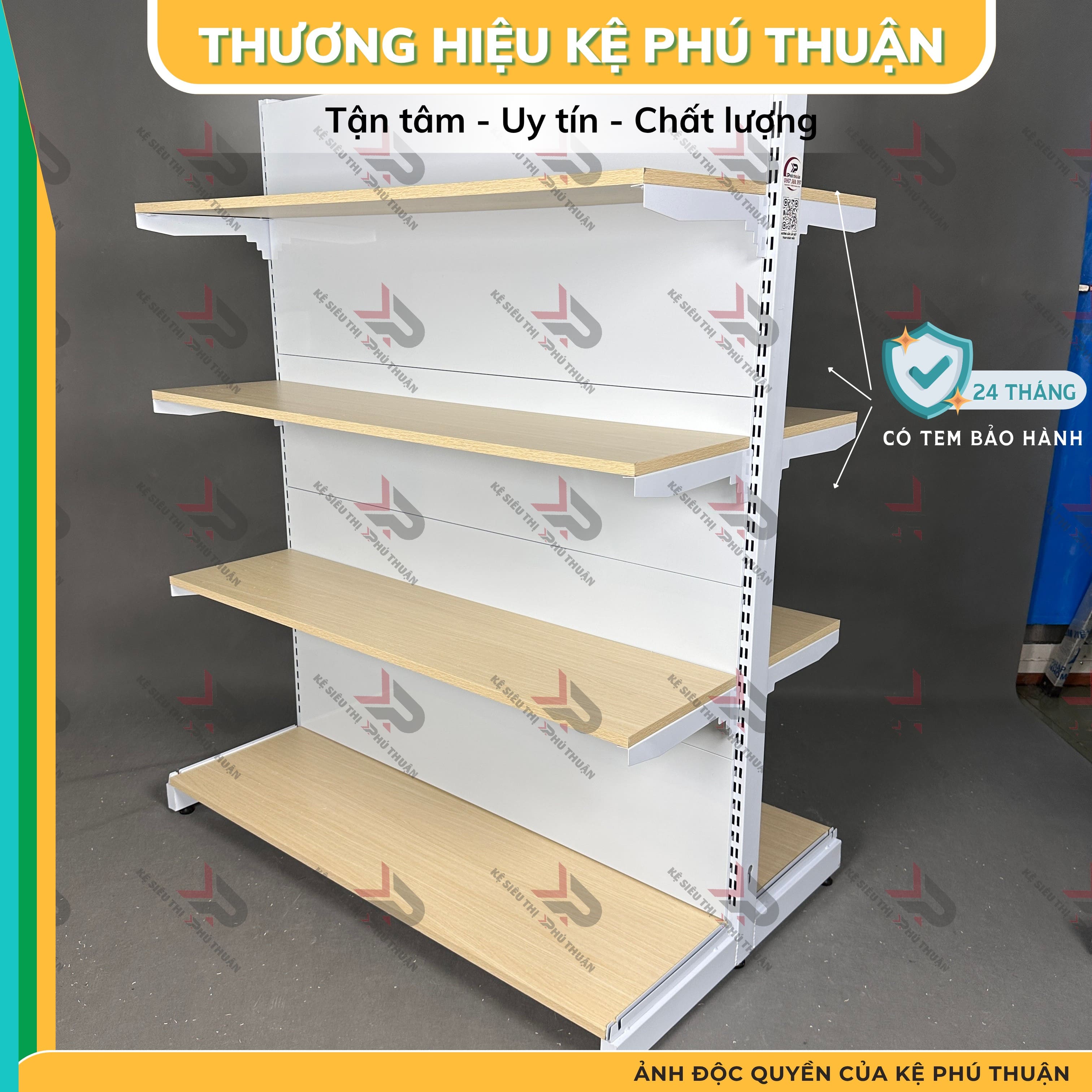 Kệ Siêu Thị Mâm Gỗ Lưng Kín (2 Mặt )  - Dài 120 x Rộng 70 x Cao 150 x 4 tầng