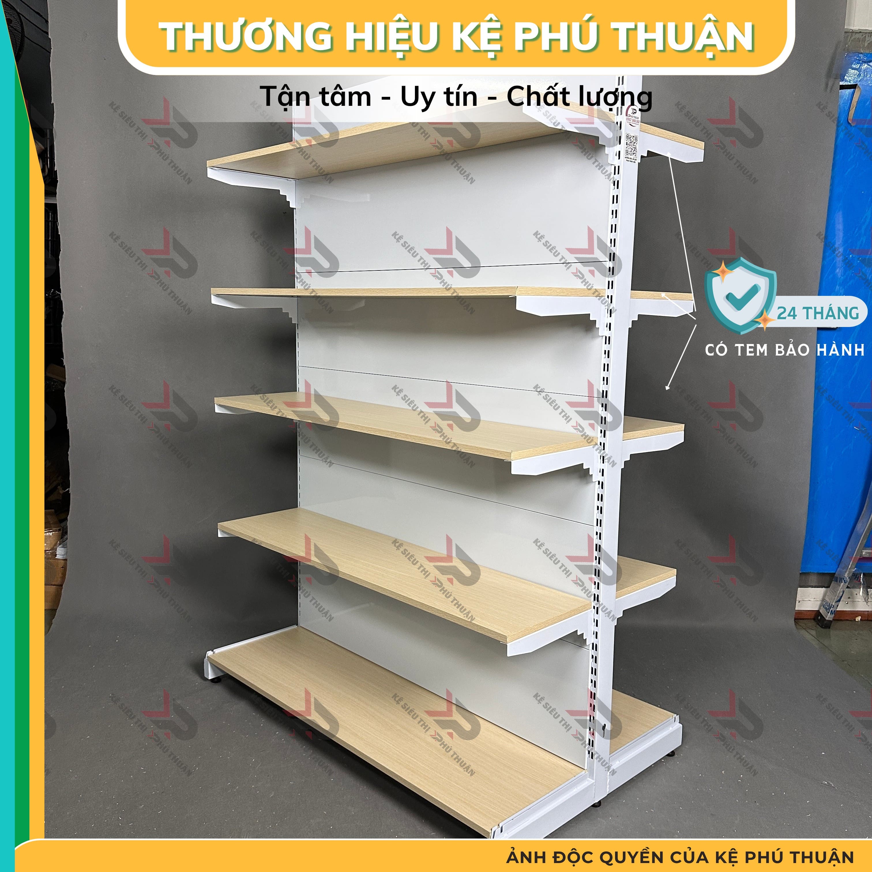 Kệ Siêu Thị Mâm Gỗ Lưng Kín (2 Mặt )  - Dài 120 x Rộng 70 x Cao 180 x 5 tầng