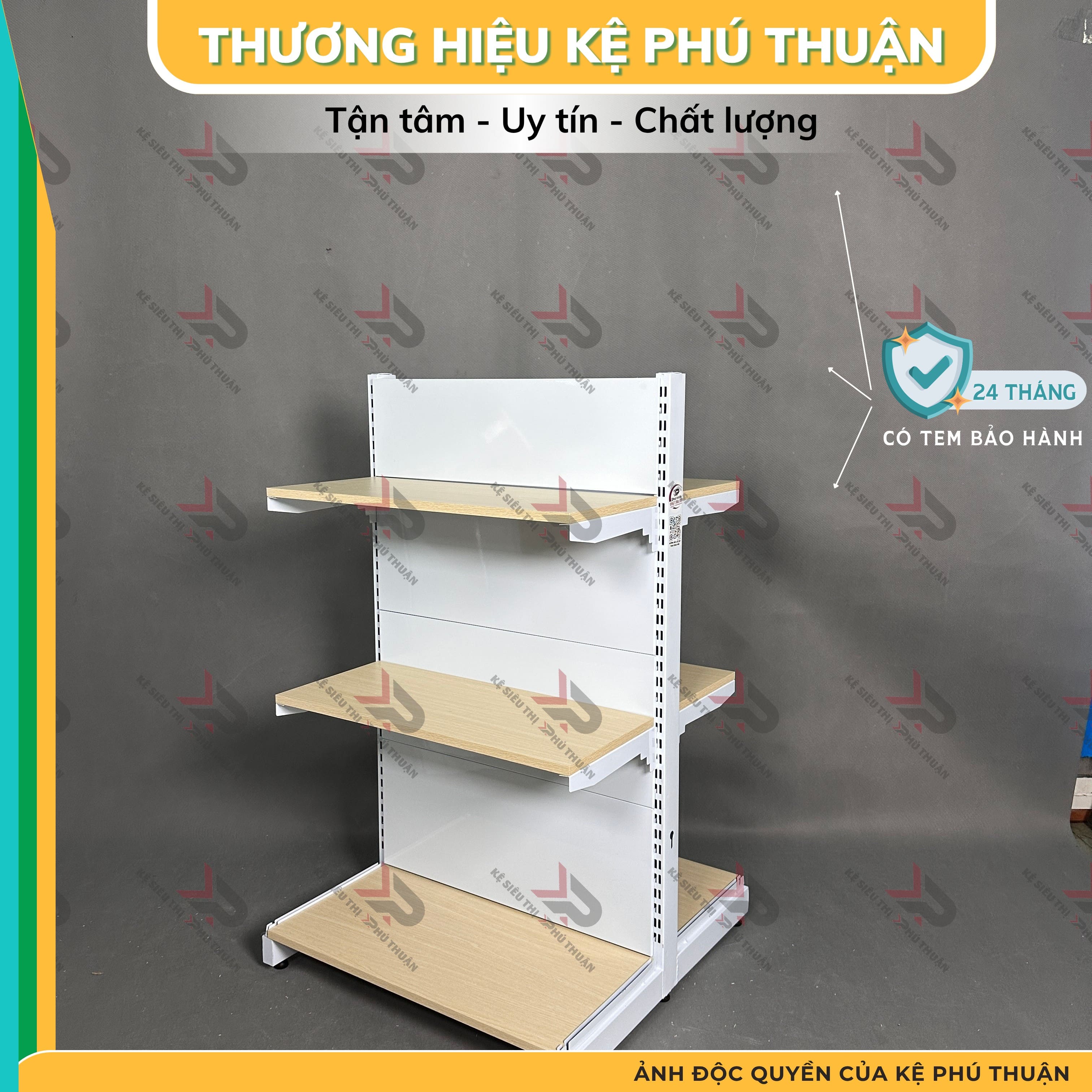 Kệ Siêu Thị Mâm Gỗ Lưng Kín (2 Mặt )  - Dài 70 x Rộng 70 x Cao 120 x 3 tầng