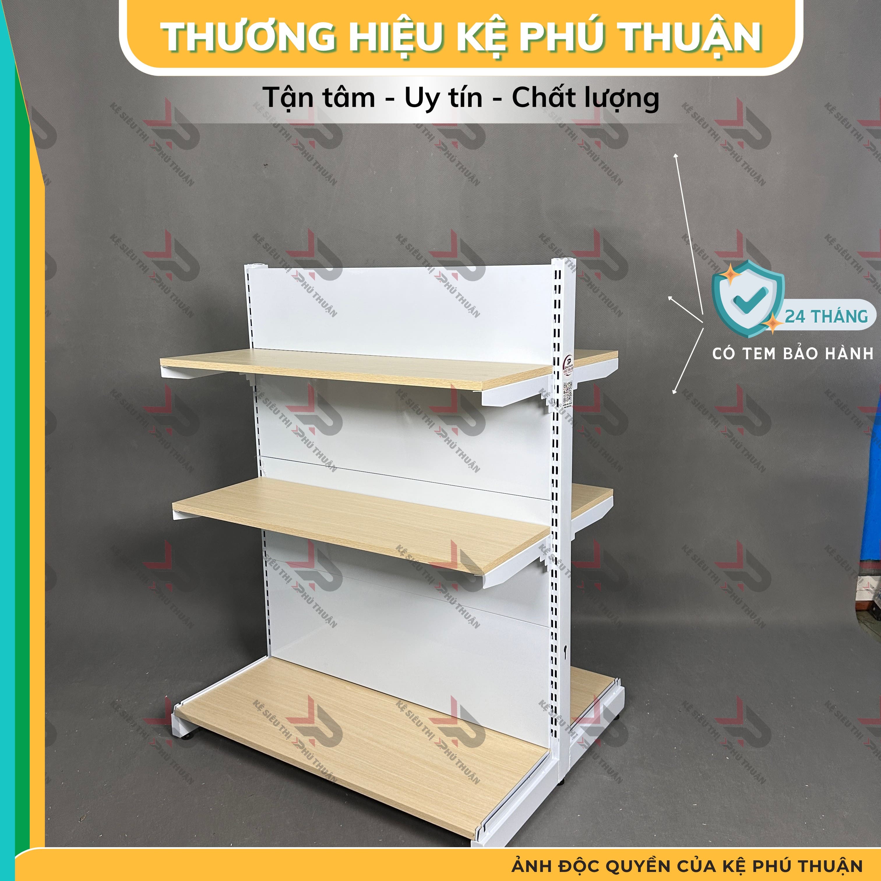 Kệ Siêu Thị Mâm Gỗ Lưng Kín (2 Mặt )  - Dài 90 x Rộng 70 x Cao 120 x 3 tầng