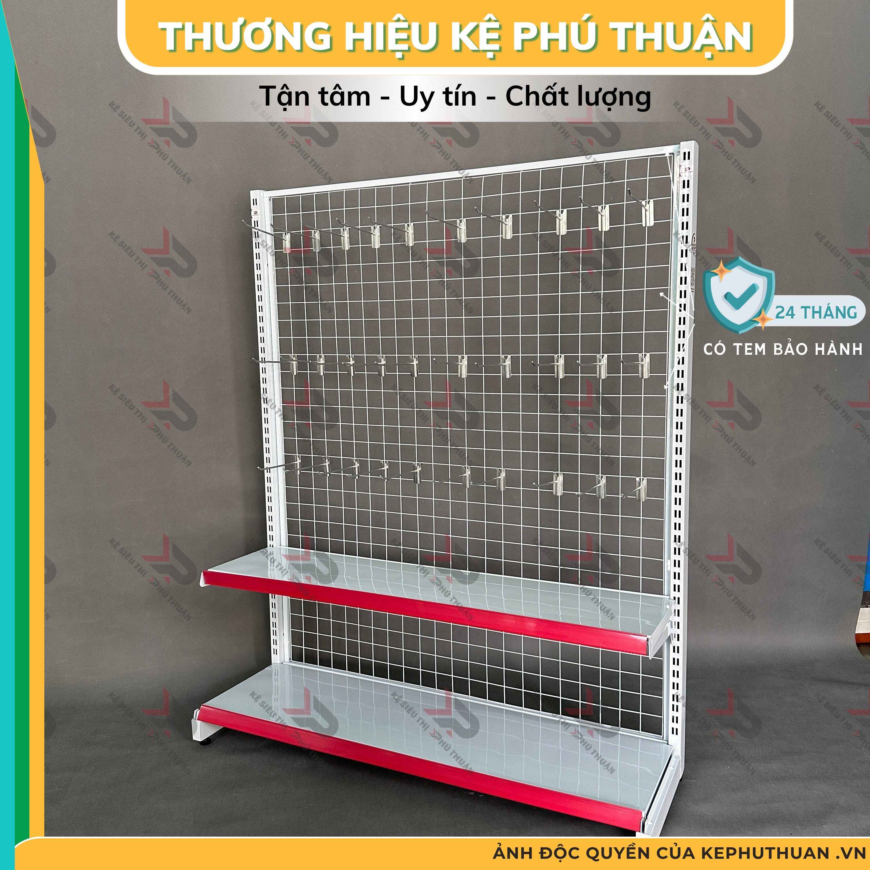 Kệ Móc Lưới Đơn (1 Mặt) Dài 120 x Rộng 35 x Cao 150 x 2 Tầng x 30 Móc Lưới 20cm