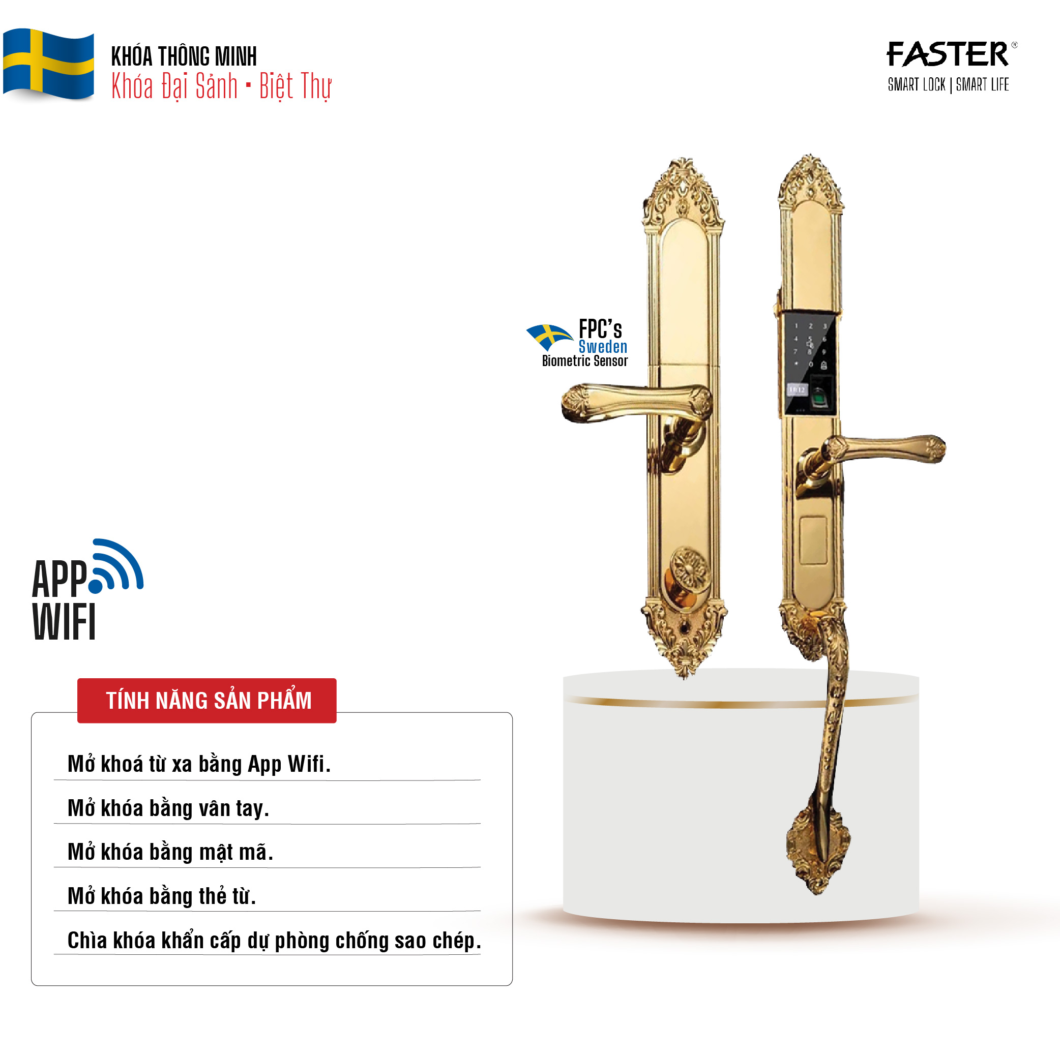 KHÓA CỬA ĐẠI SẢNH FASTER FS019 24K