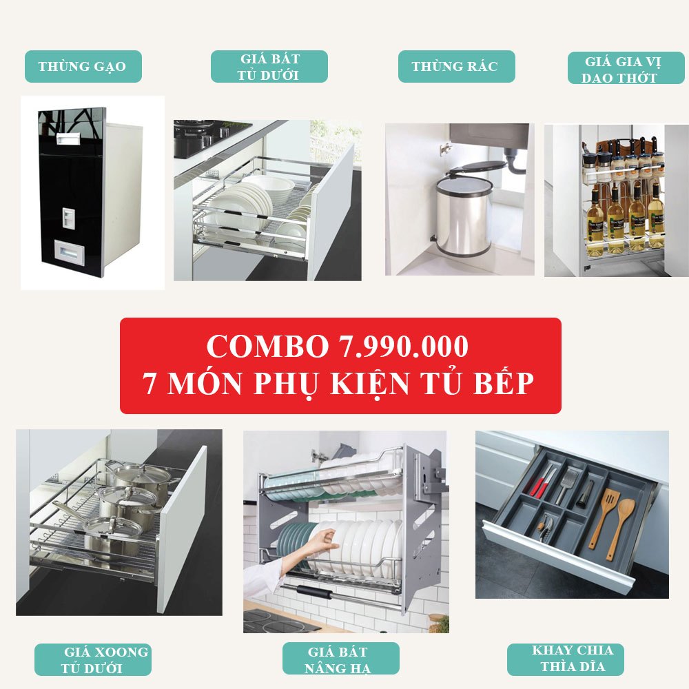 Combo phụ kiện tủ bếp đầy đủ 7 món inox 304