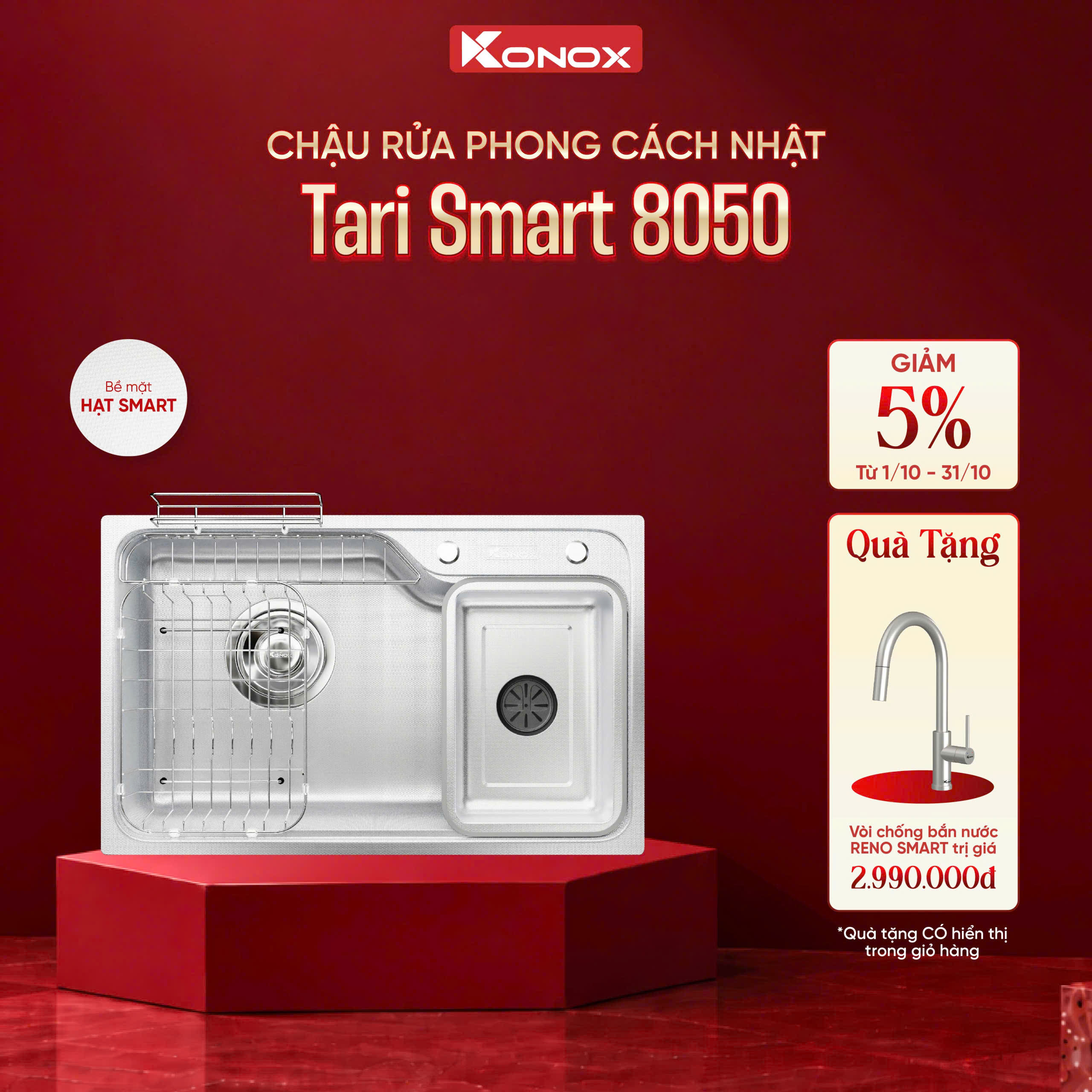 Chậu rửa bát Konox Tari Smart 8050 tặng vòi dây rút