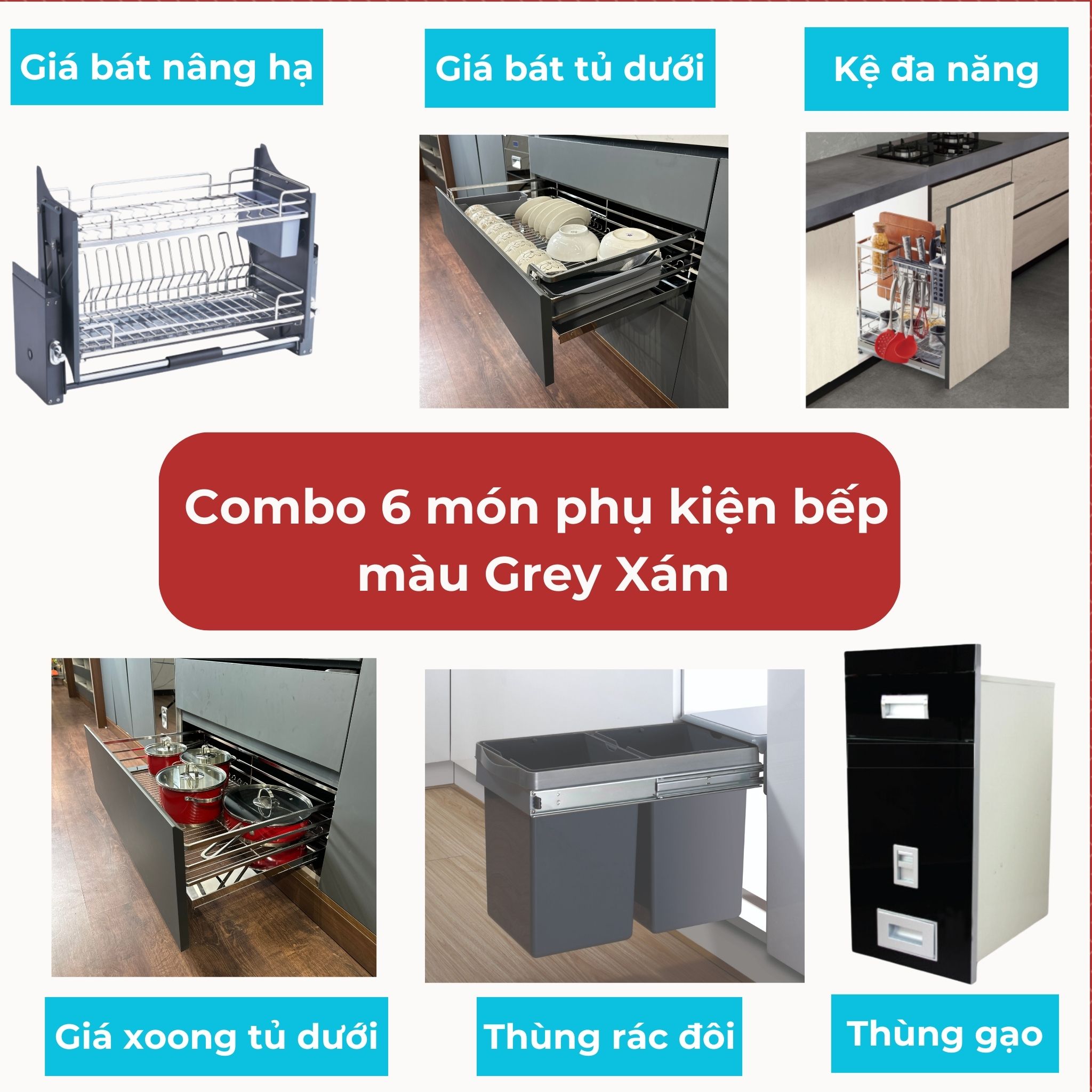 Combo 6 món phụ kiện tủ bếp Faster màu Xám