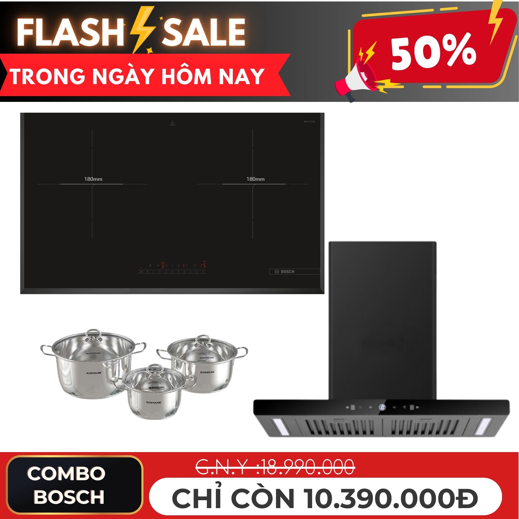 Combo bếp điện từ Bosch, máy hút mùi chữ T Faster