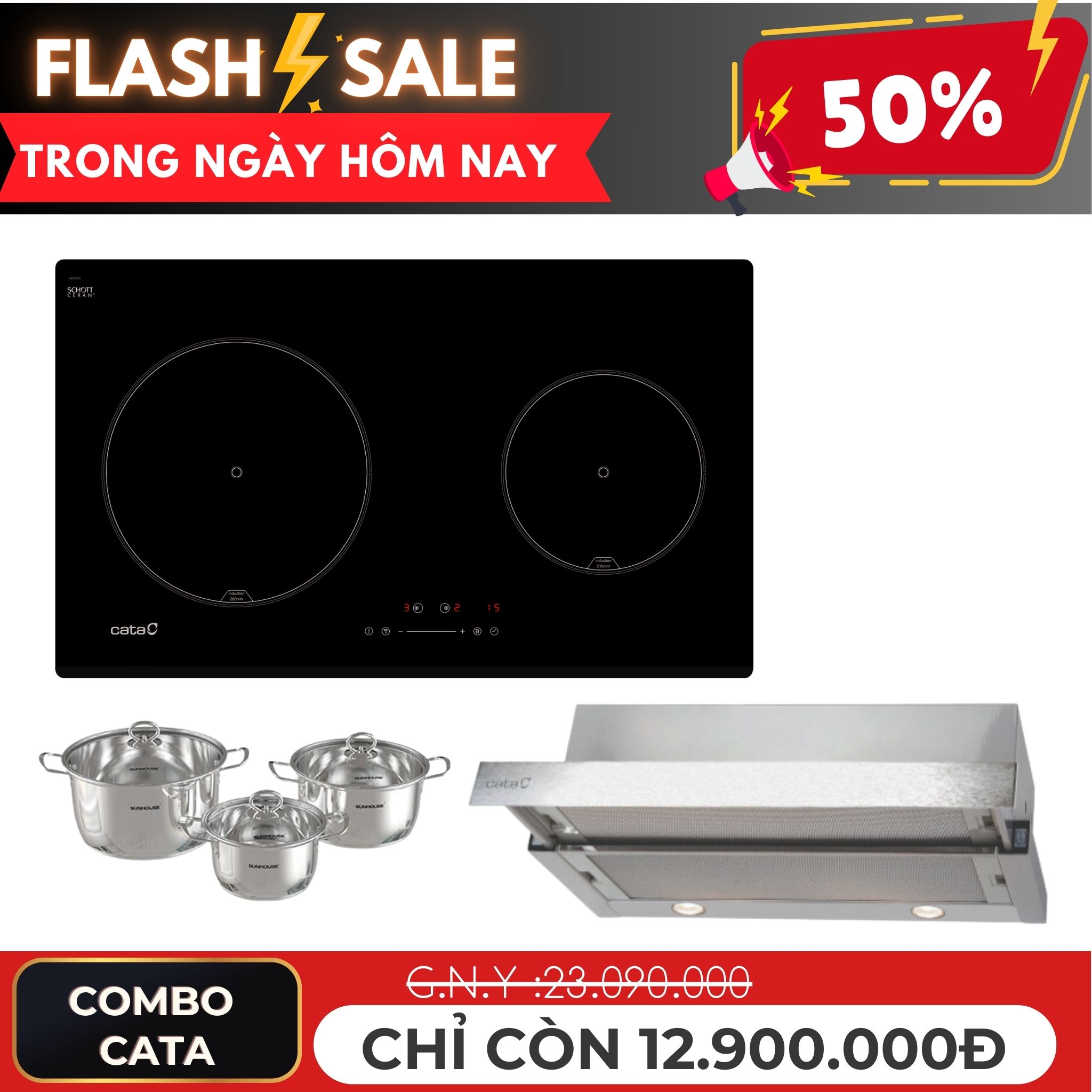 Combo bếp điện từ, máy hút mùi Cata