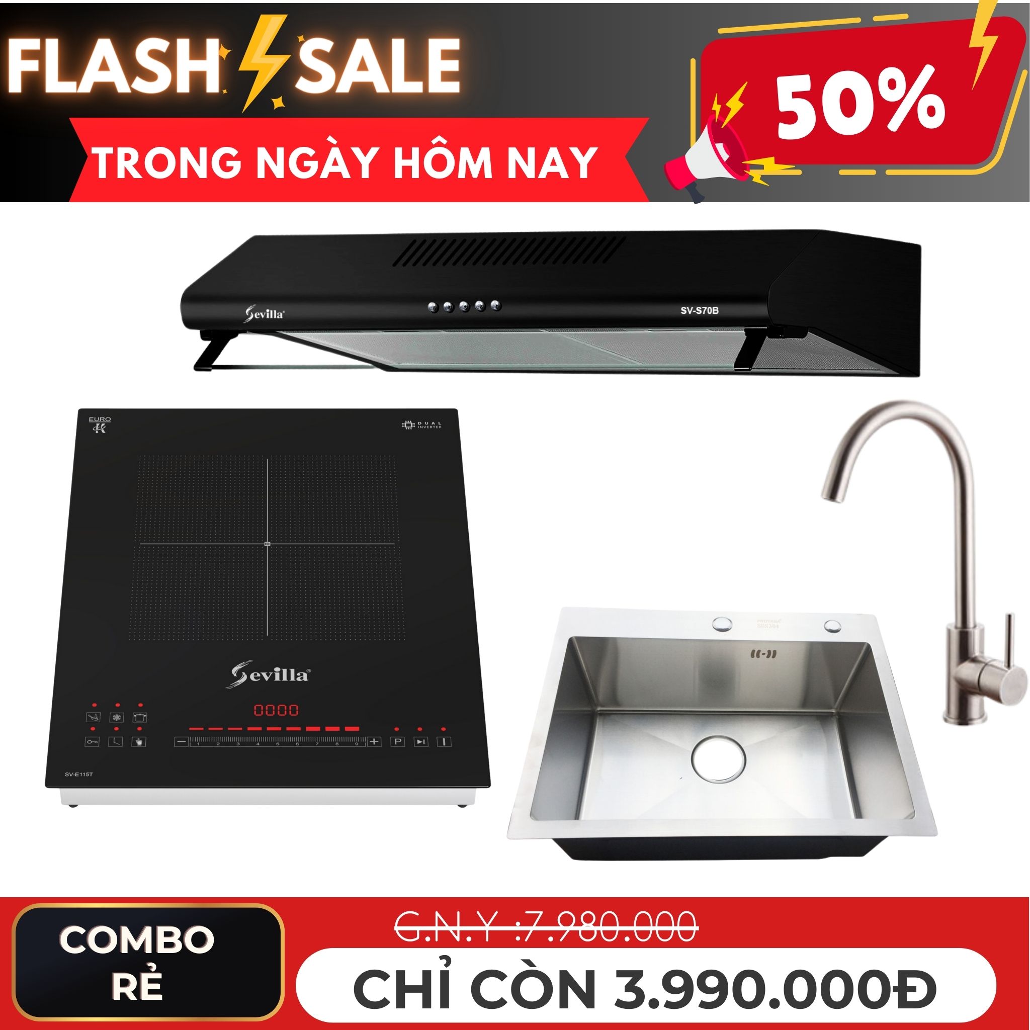 Combo bếp từ hút mùi chậu vòi cho chung cư nhà cho thuê