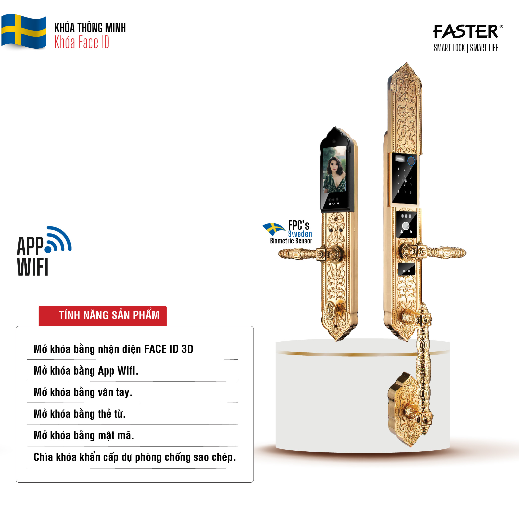 KHÓA CỬA ĐẠI SẢNH FASTER FS009 24K BRASS