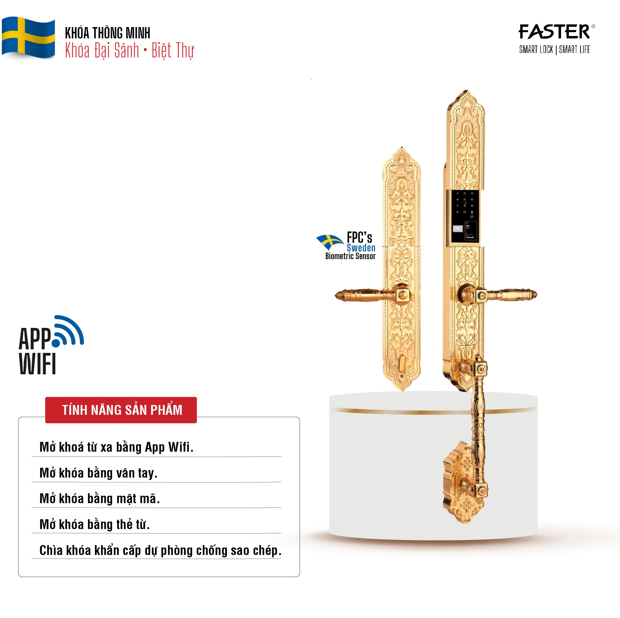 KHÓA CỬA ĐẠI SẢNH FASTER FS 009 24K