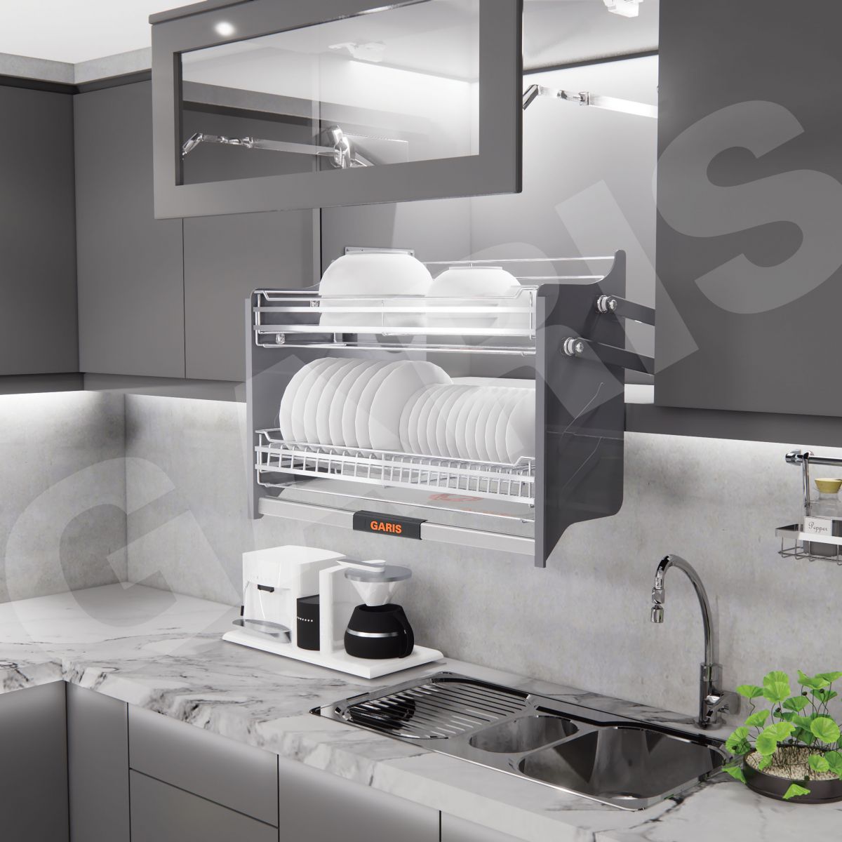 Giá bát đĩa nâng hạ cơ, rổ nan dẹt, inox 304 Garis GL06C