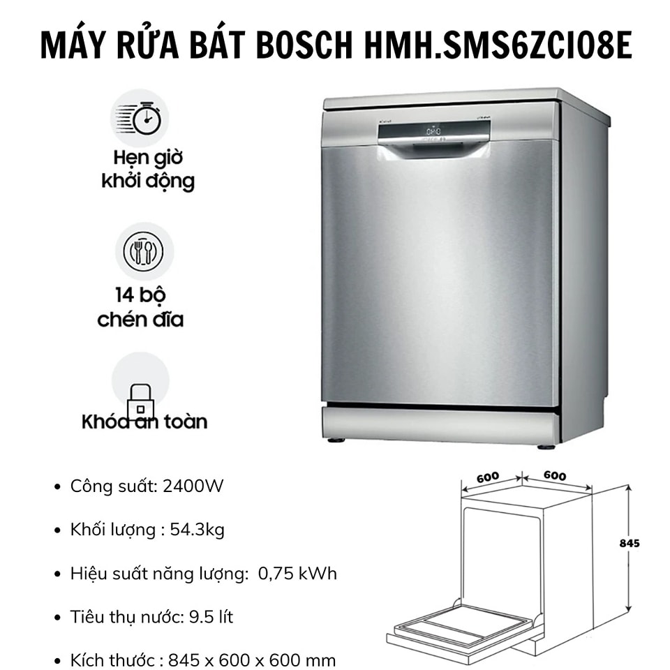 Máy rửa bát độc lập Bosch SMS6ZCI08E Serie 6 sấy Zeolith