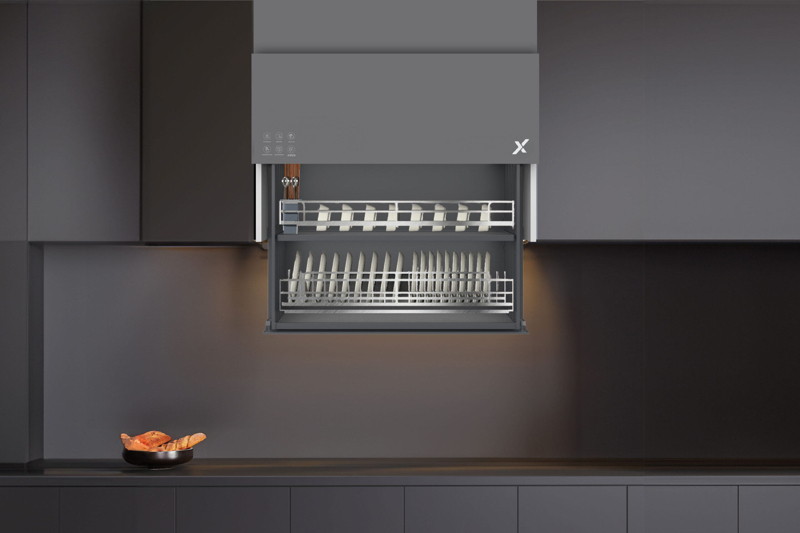 Giá úp bát nâng hạ điện thông minh GrandX Rổ Inox SUS304  mạ bóng Crom