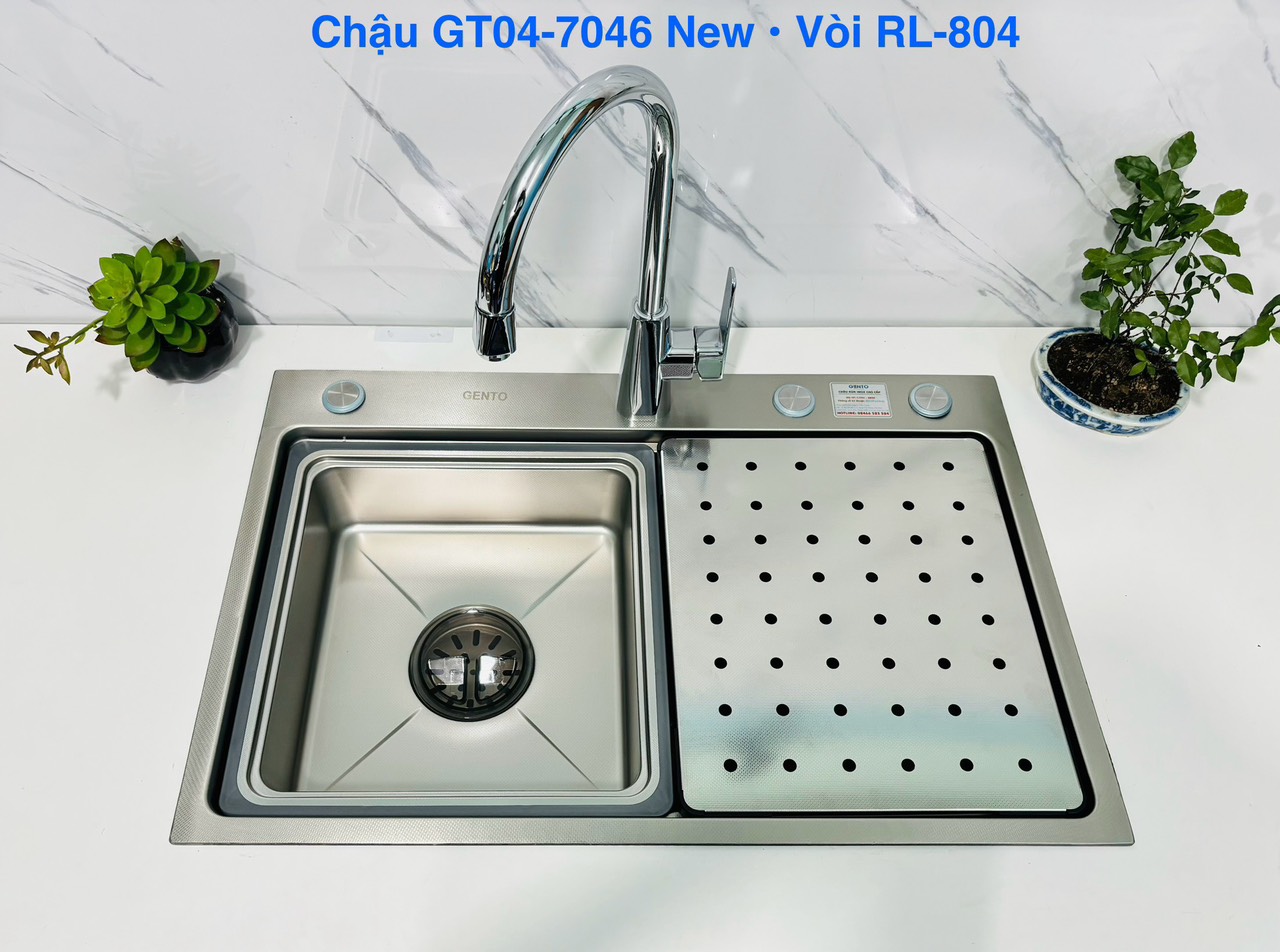 Chậu rửa bát một hố Gento GT04-7046 inox hạt linen chống xước