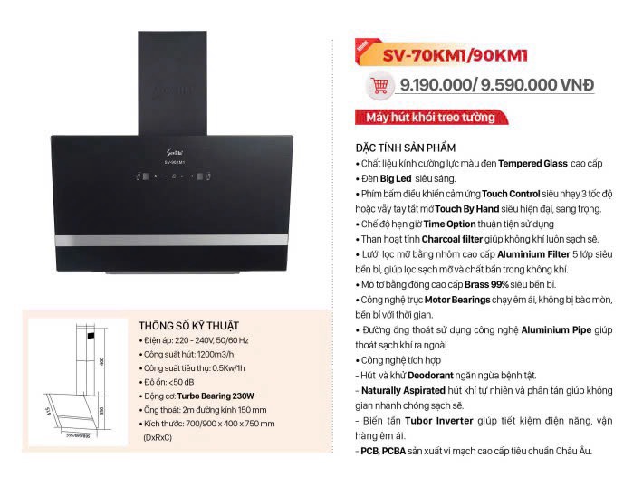 Máy hút mùi kính vát Sevilla SV-70 KM1