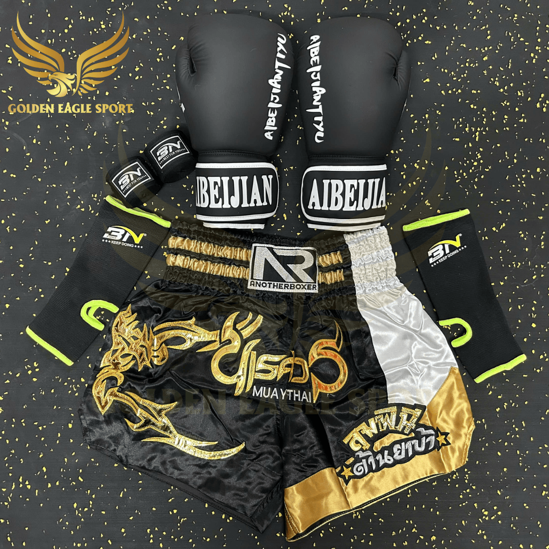 COMBO TẬP BOXING CƠ BẢN GĂNG BOXING + BĂNG ĐA + QUẦN MUAY + TẤT BẢO VỆ - ĐEN