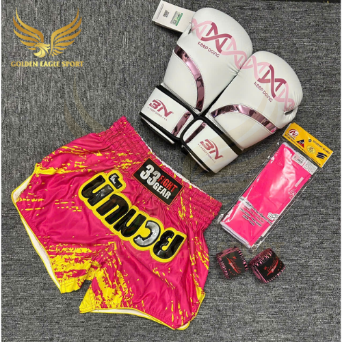 COMBO TẬP BOXING CƠ BẢN GĂNG BOXING + BĂNG ĐA + QUẦN MUAY + TẤT BẢO VỆ - Hồng