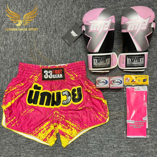 COMBO TẬP BOXING CƠ BẢN GĂNG BOXING + BĂNG ĐA + QUẦN MUAY + TẤT BẢO VỆ - Hồng