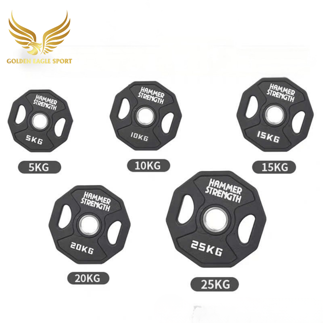 Tạ bánh cao su lõi thép Hammer Strength màu đen cao cấp lỗ 50 nhập khẩu (giá 1 set 2,5-25kg)
