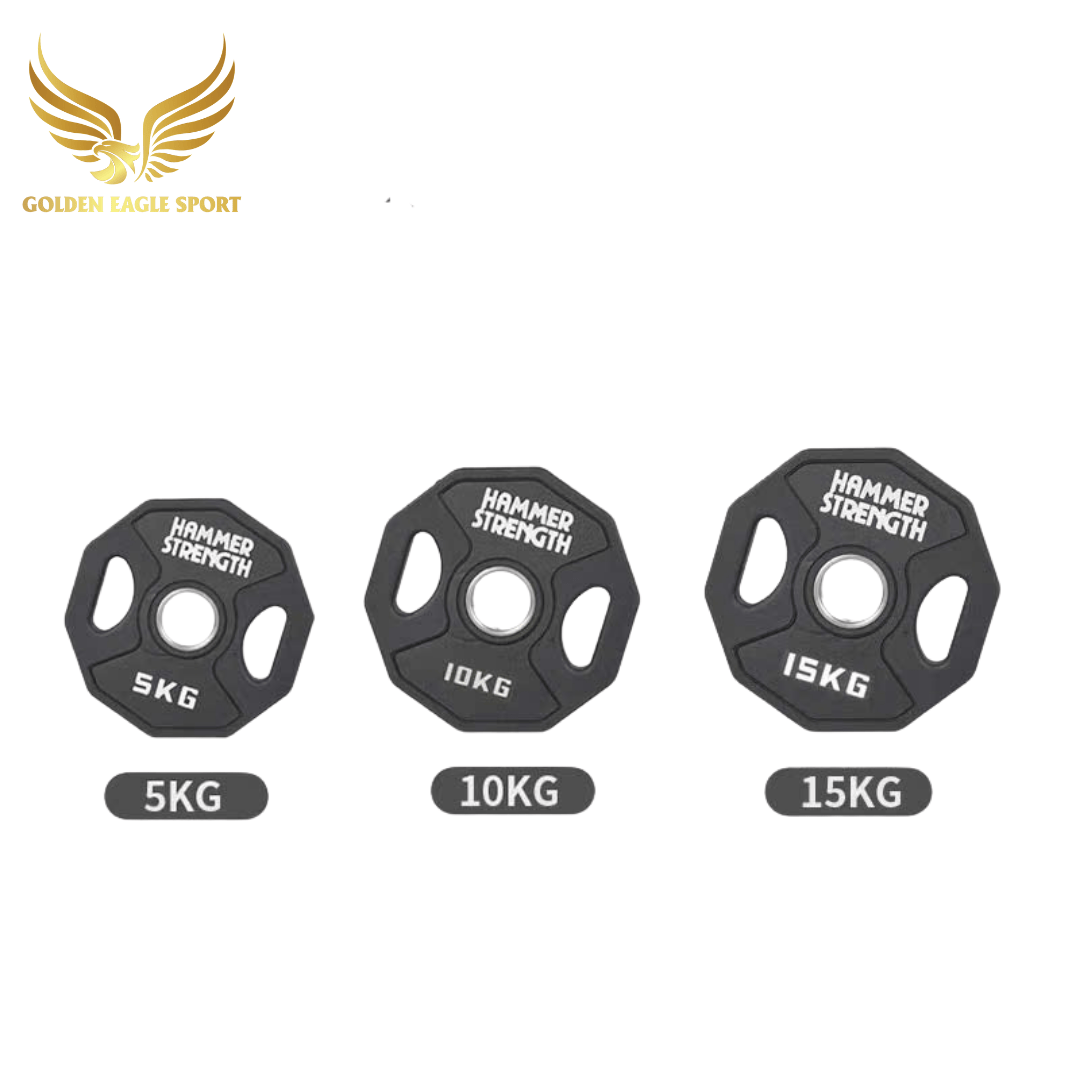 Tạ bánh cao su lõi thép Hammer Strength màu đen cao cấp lỗ 50 nhập khẩu (giá 1 set 2,5-25kg)