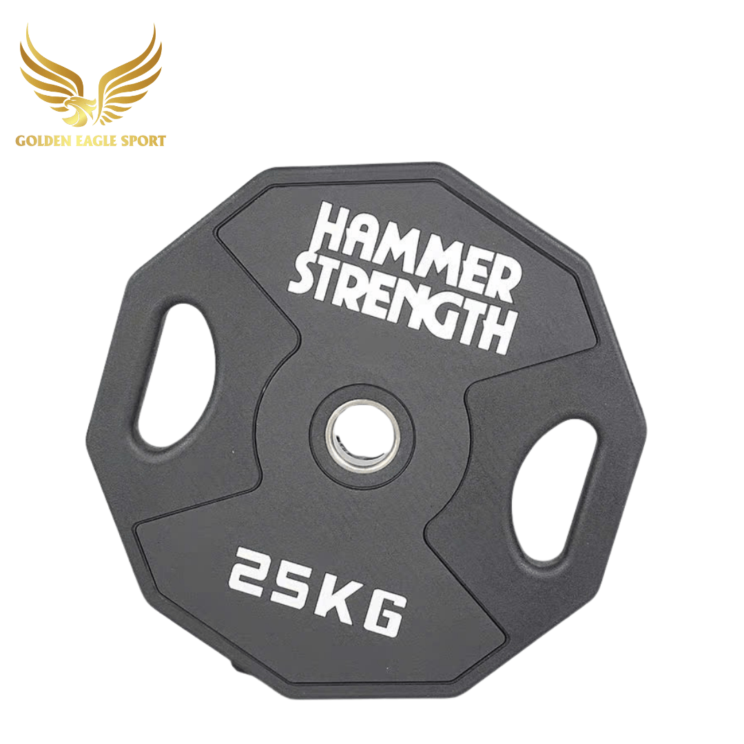 Tạ bánh cao su lõi thép Hammer Strength màu đen cao cấp lỗ 50 nhập khẩu (giá 1 set 2,5-25kg)