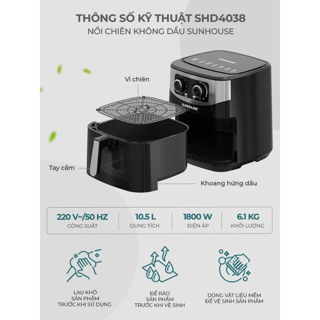 Nồi chiên không dầu 10.5L Sunhouse SHD4038