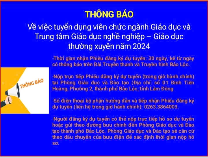 Trường Mẫu giáo Đam B'ri thông báo: Tuyển dụng viên chức ngành Giáo dục, Trung tâm GDNN-GDTX năm 2024