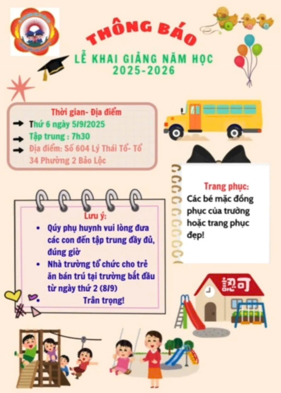 THÔNG BÁO LỊCH KHAI GIẢNG NĂM HỌC 2025 - 2026 