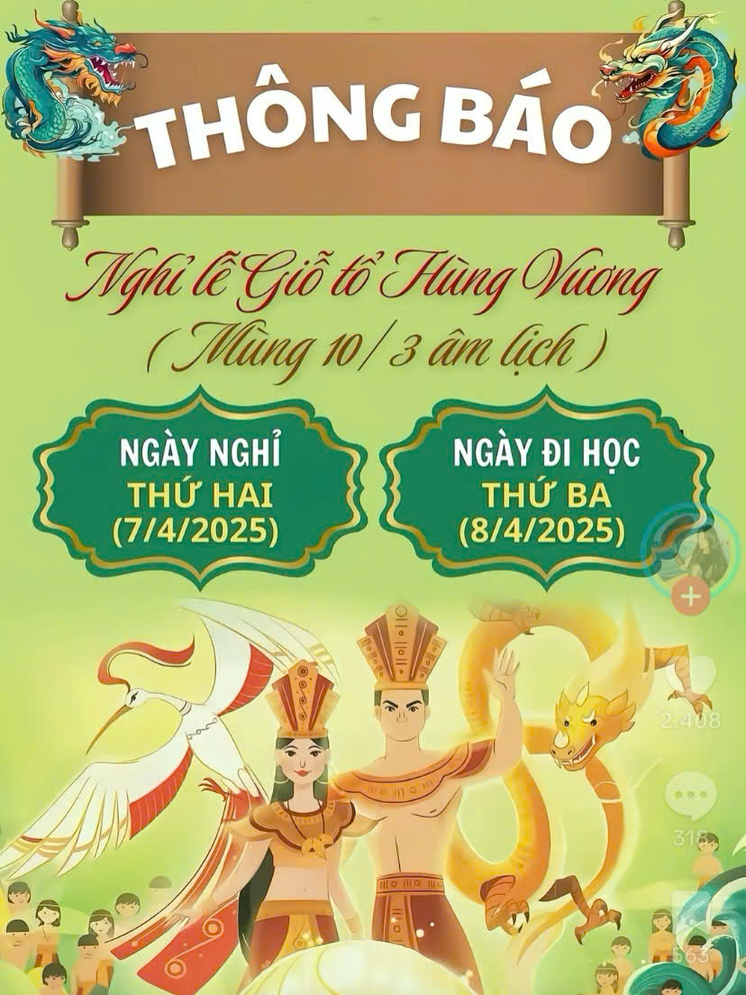 THÔNG BÁO THỜI GIAN NGHỈ LỄ GIỖ TỔ HÙNG VƯƠNG
