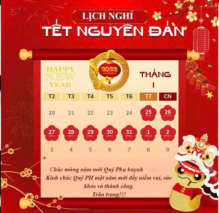 Thông báo lịch nghỉ Tết Nguyên Đán Ất Tỵ năm 2025